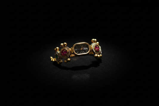 Gold Kundan Bracelet Watch with Rani & Green Stone