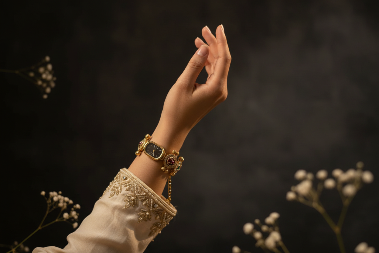 Gold Kundan Bracelet Watch with Rani & Green Stone