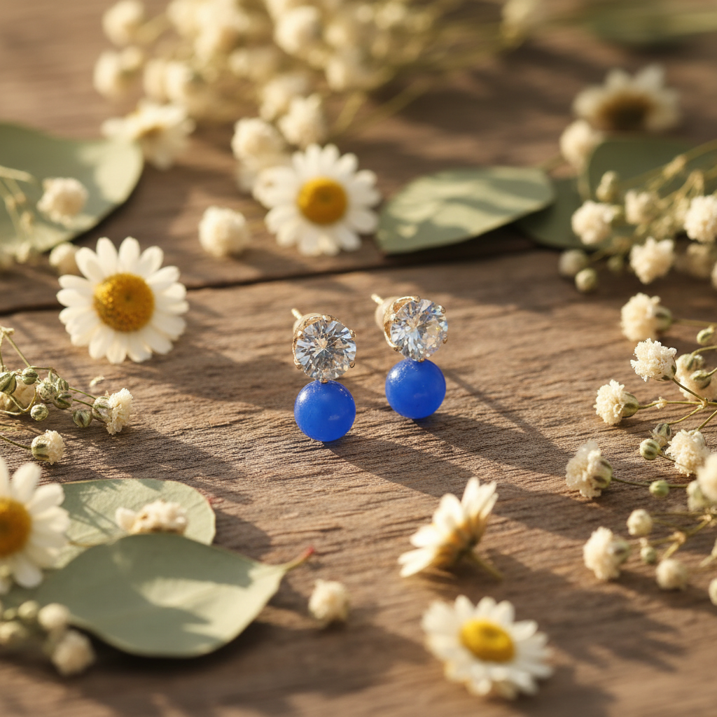 Blue Crystal Drop Earrings on rustic wood with florals