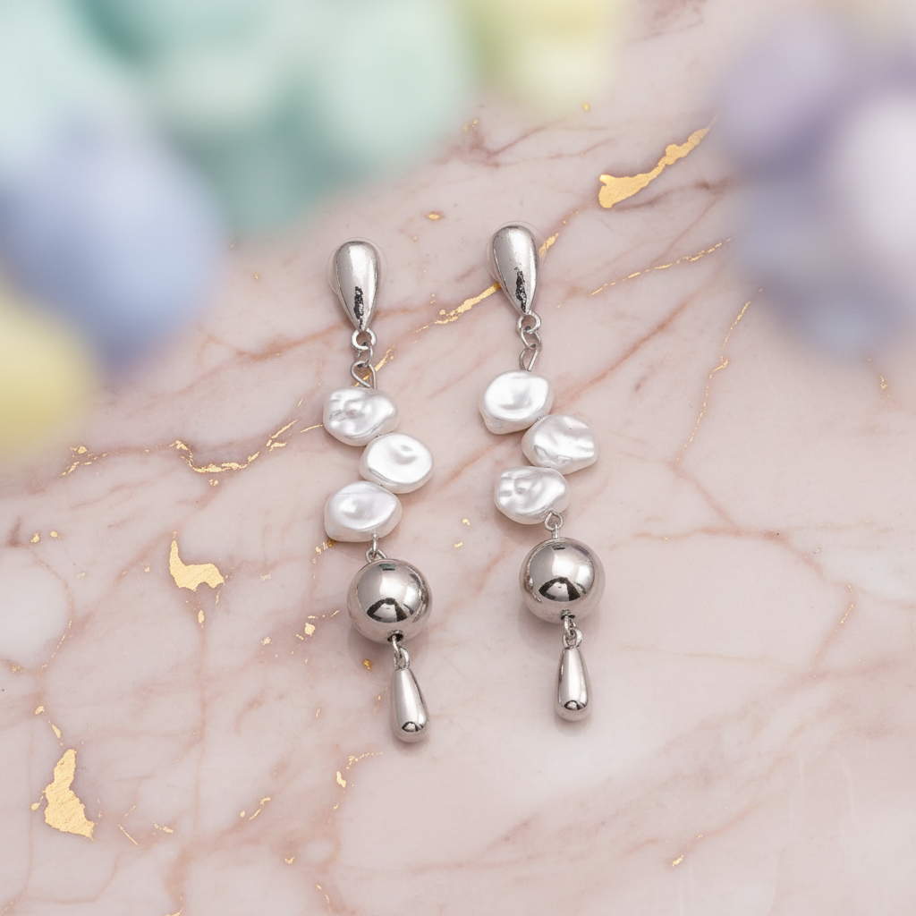 Silver Baroque Pearl Drop Earrings on blush pink marble premium fashion