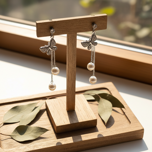 Silver Butterfly Pearl Drop Earrings | Anti-Tarnish | Crystal Stone Charm
