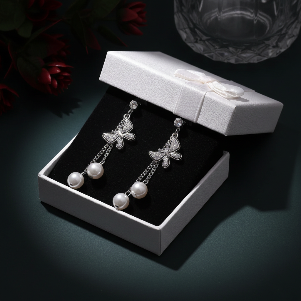 Silver Butterfly Pearl Drop Earrings | Anti-Tarnish | Crystal Stone Charm