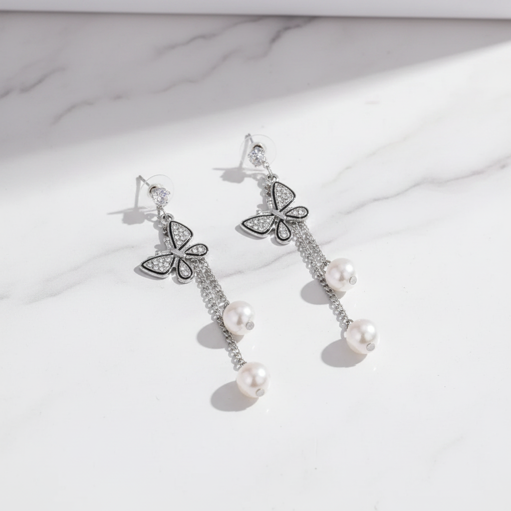 Silver Butterfly Pearl Drop Earrings | Anti-Tarnish | Crystal Stone Charm