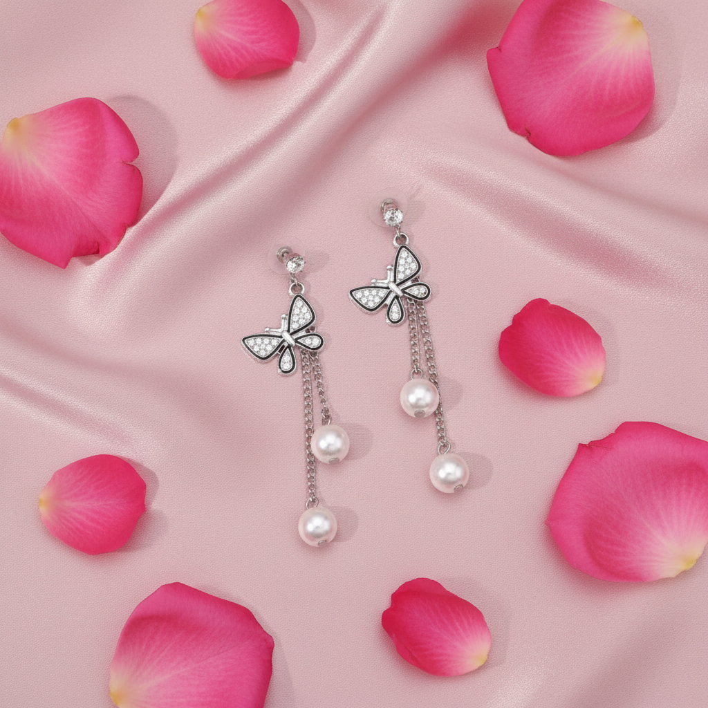 Silver Butterfly Pearl Drop Earrings | Anti-Tarnish | Crystal Stone Charm