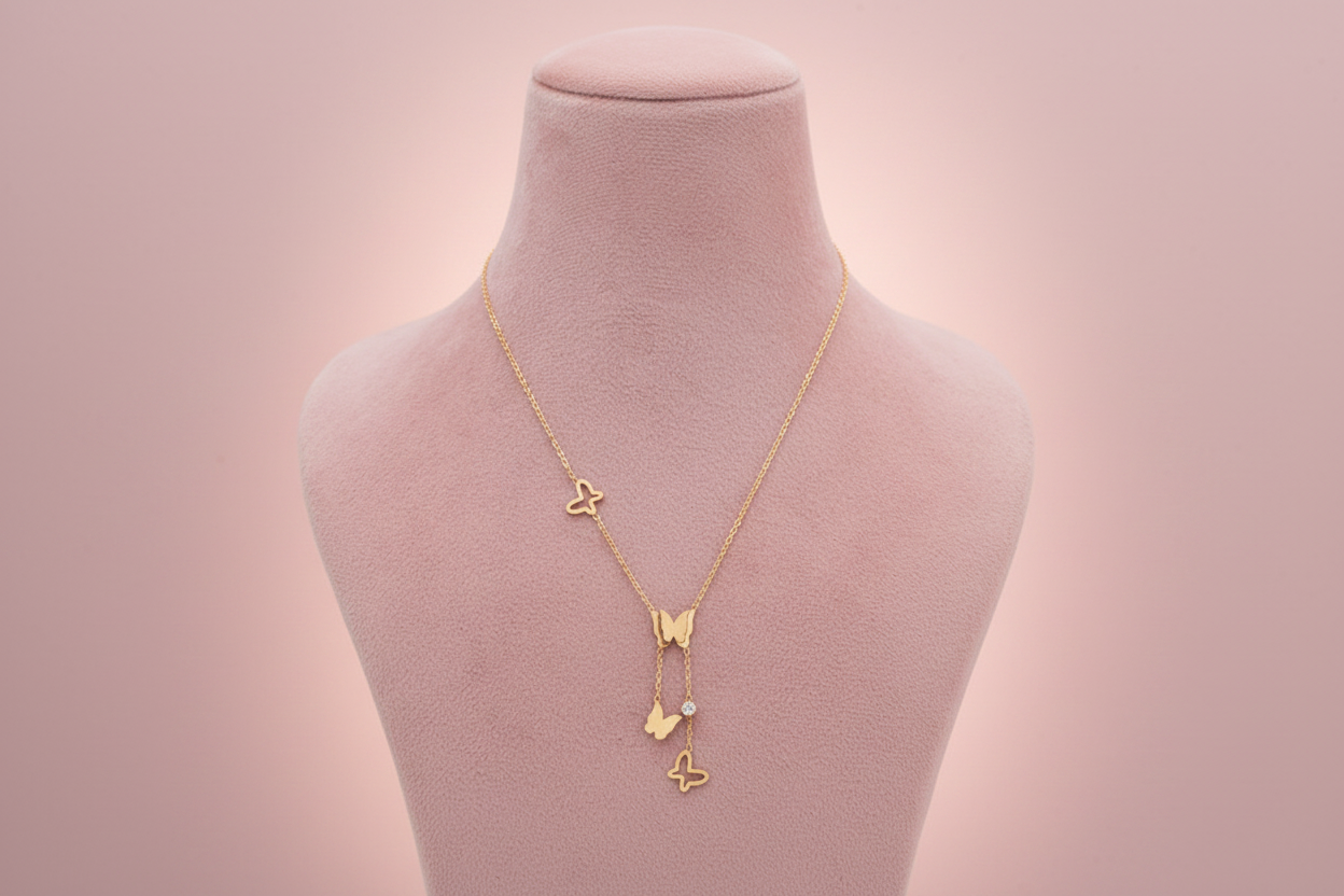 Gold Butterfly Lariat Necklace with American Diamond