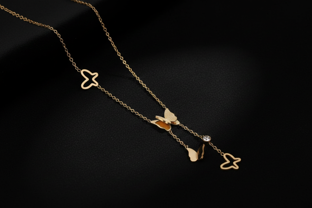 Gold Butterfly Lariat Necklace with American Diamond