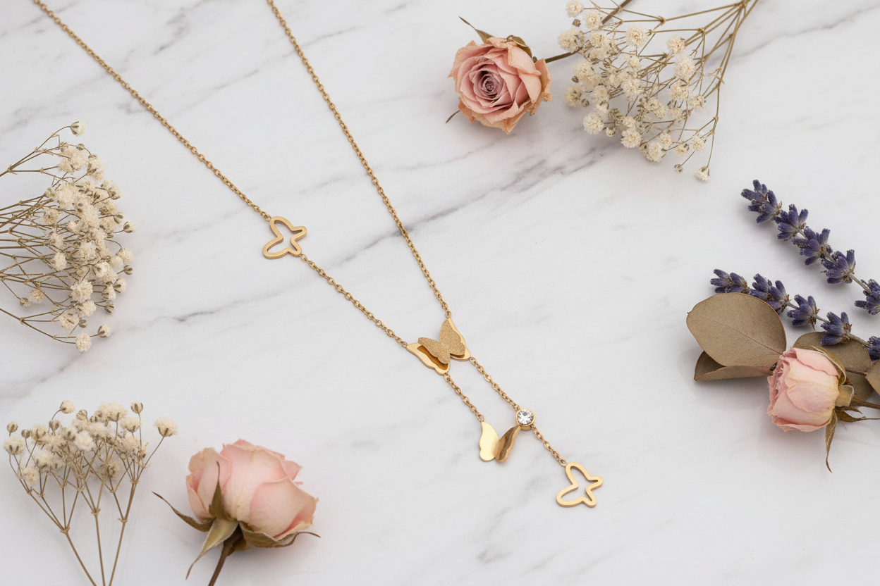 Gold Butterfly Lariat Necklace with American Diamond