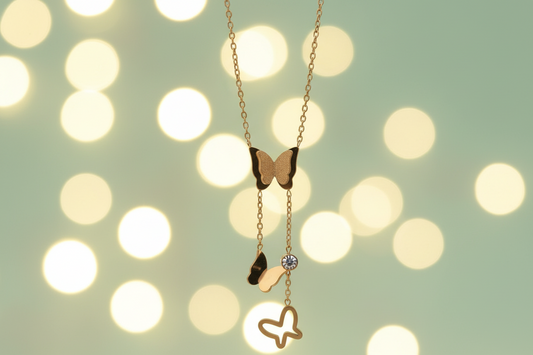 Gold Butterfly Lariat Necklace with American Diamond