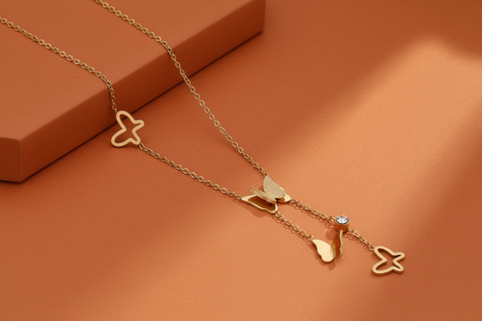 Gold Butterfly Lariat Necklace with American Diamond