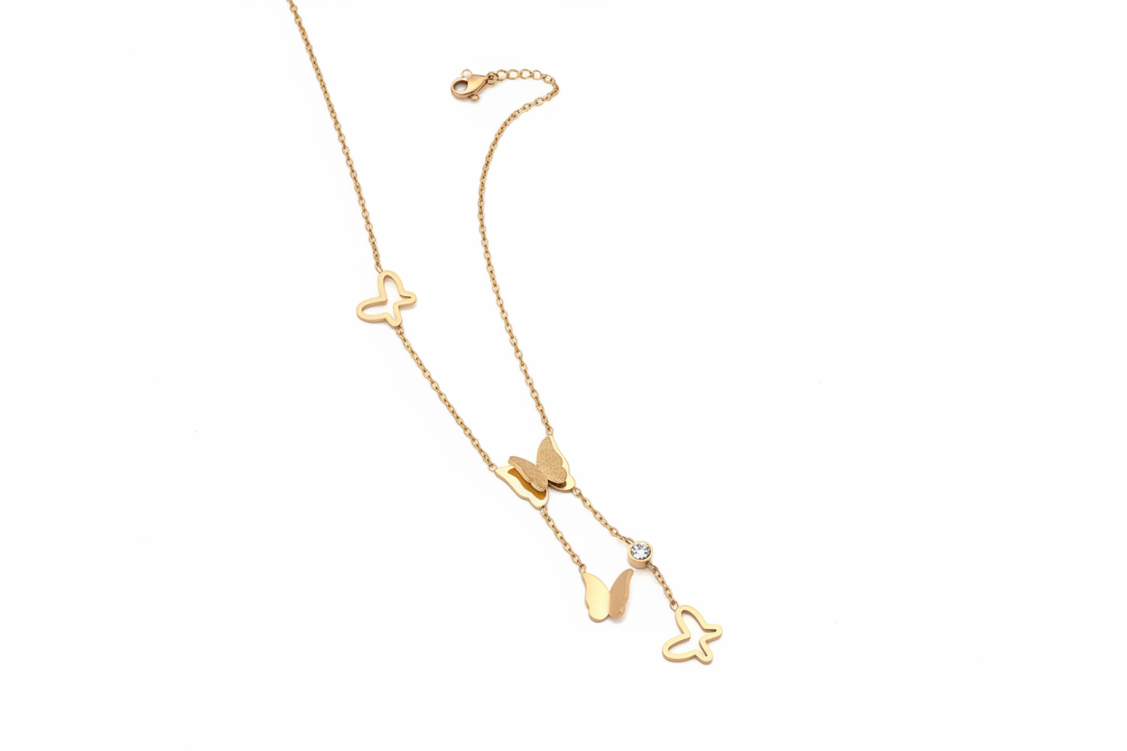 Gold Butterfly Lariat Necklace with American Diamond