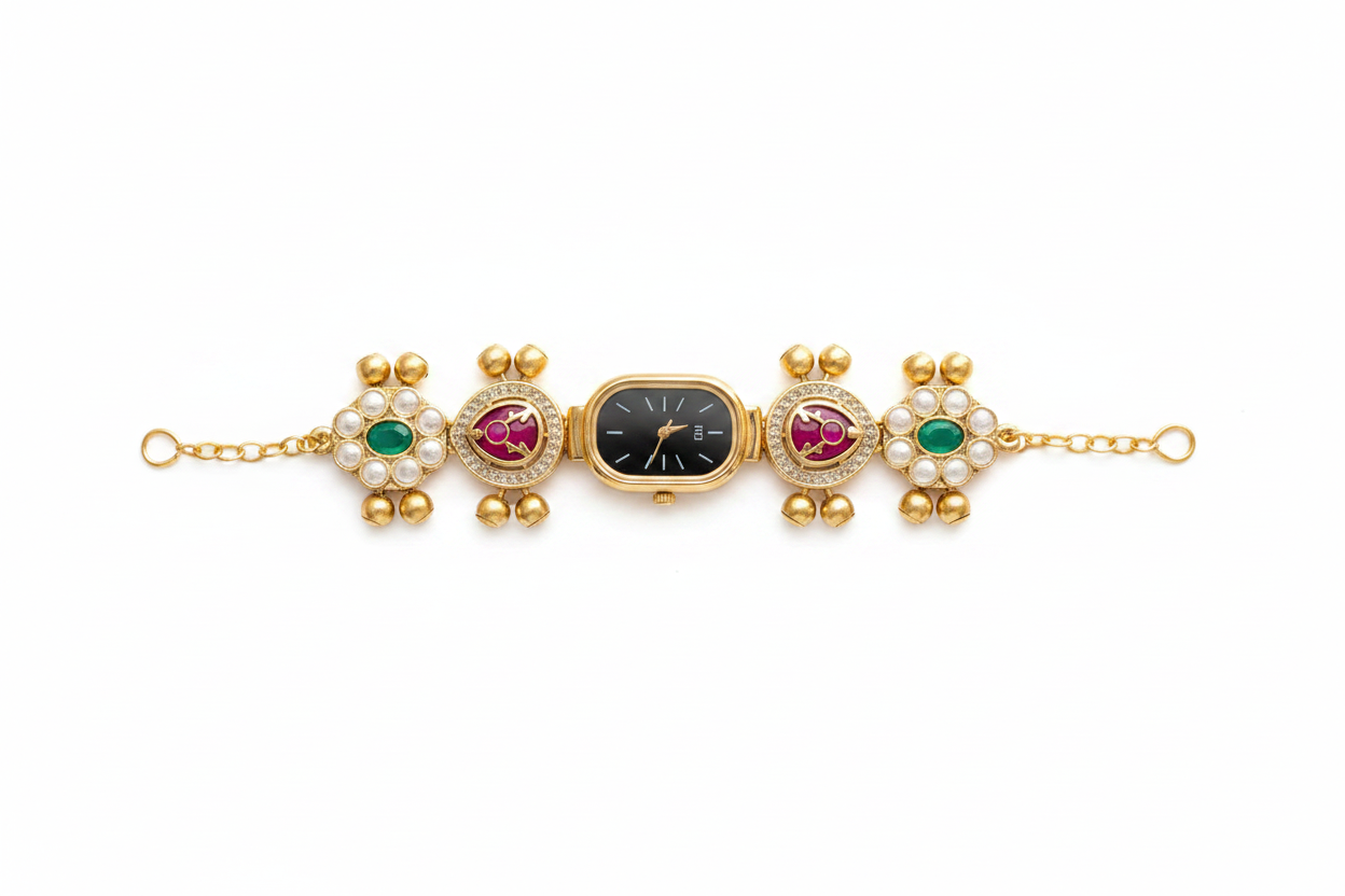 Gold Kundan Bracelet Watch with Rani & Green Stone
