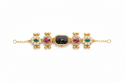Gold Kundan Bracelet Watch with Rani & Green Stone