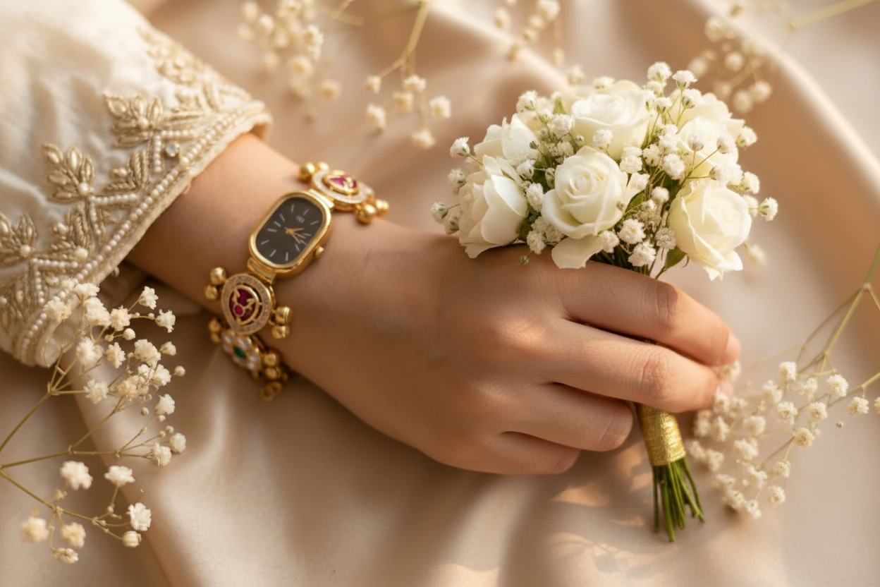 Gold Kundan Bracelet Watch with Rani & Green Stone