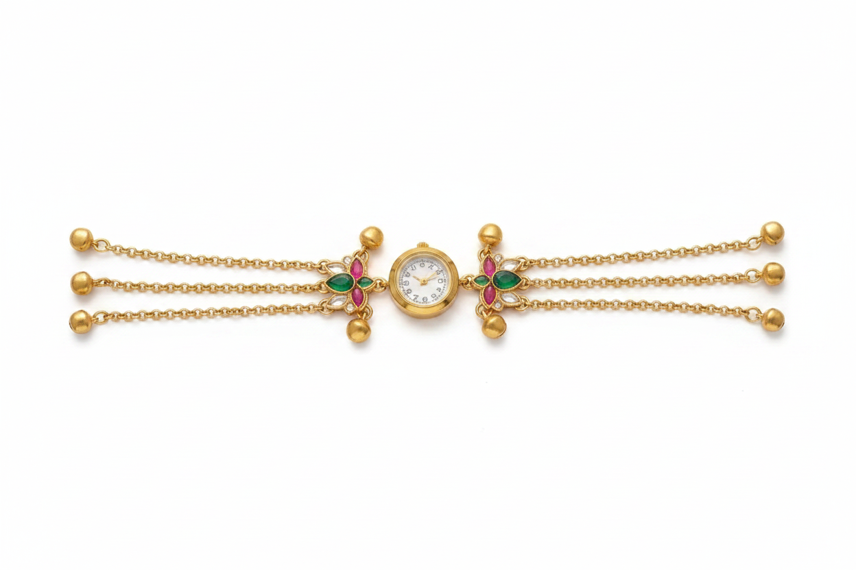 Gold Kundan Bracelet Watch - White Background