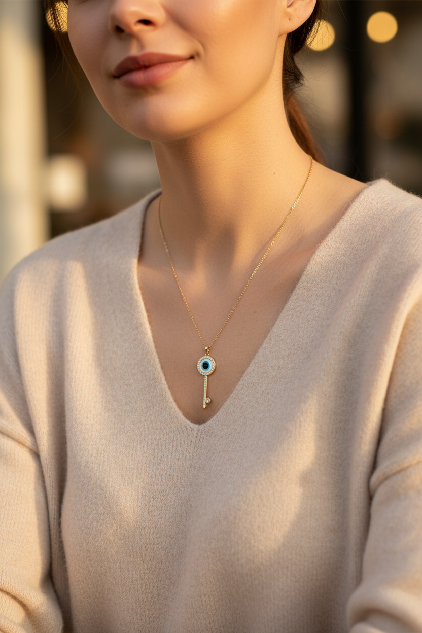 Lifestyle On-Model - Evil Eye Key Necklace Gold Plated Blue Stone