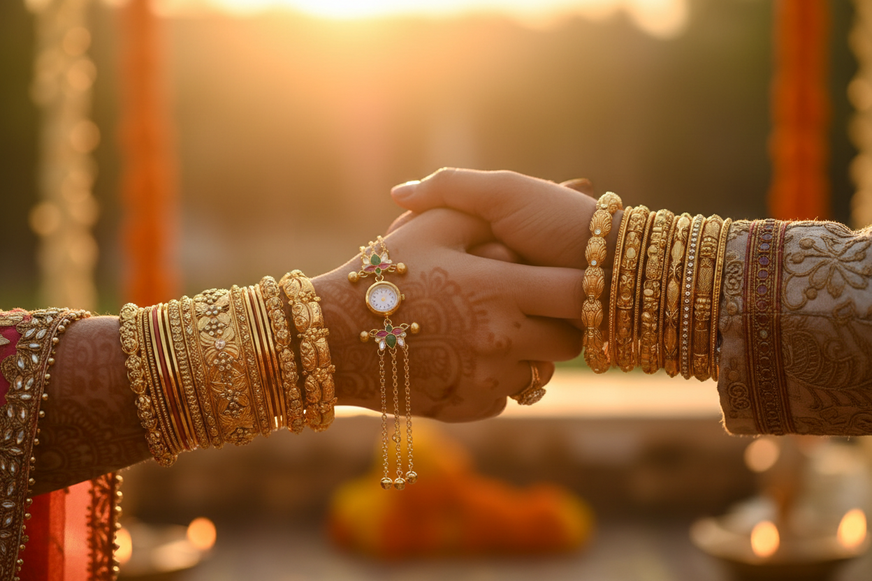 Gold Kundan Bracelet Watch - Wedding Hands