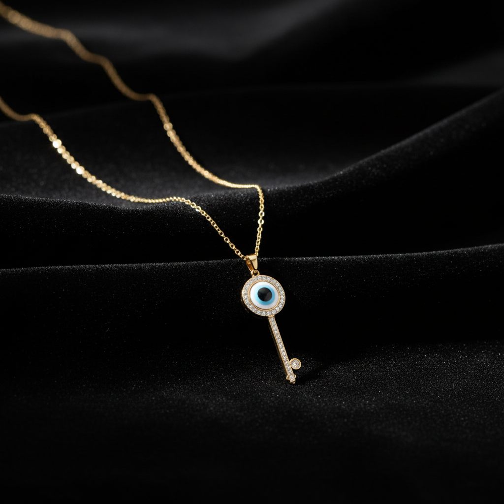 Dark Moody - Evil Eye Key Necklace Gold Plated Blue Stone