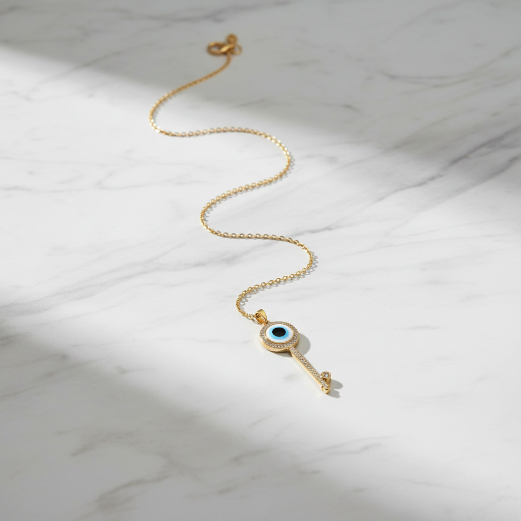Marble Minimalist - Evil Eye Key Necklace Gold Plated Blue Stone