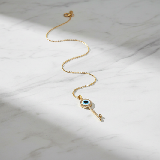 Marble Minimalist - Evil Eye Key Necklace Gold Plated Blue Stone