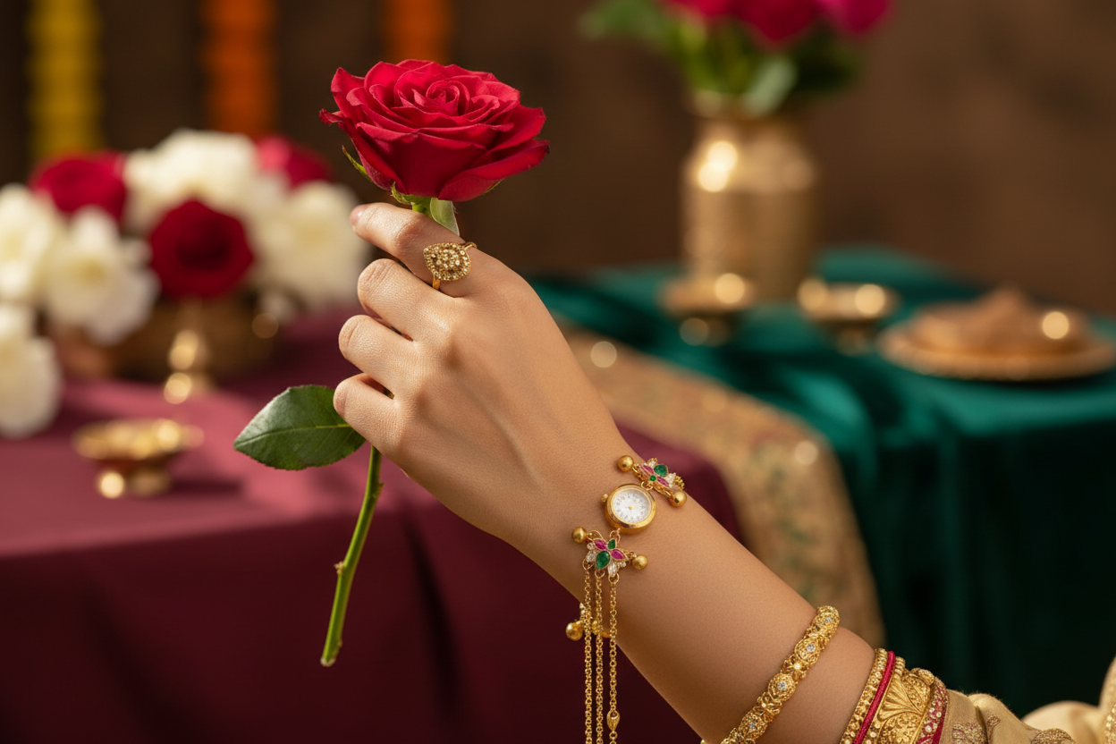 Gold Kundan Bracelet Watch - Rose Hand
