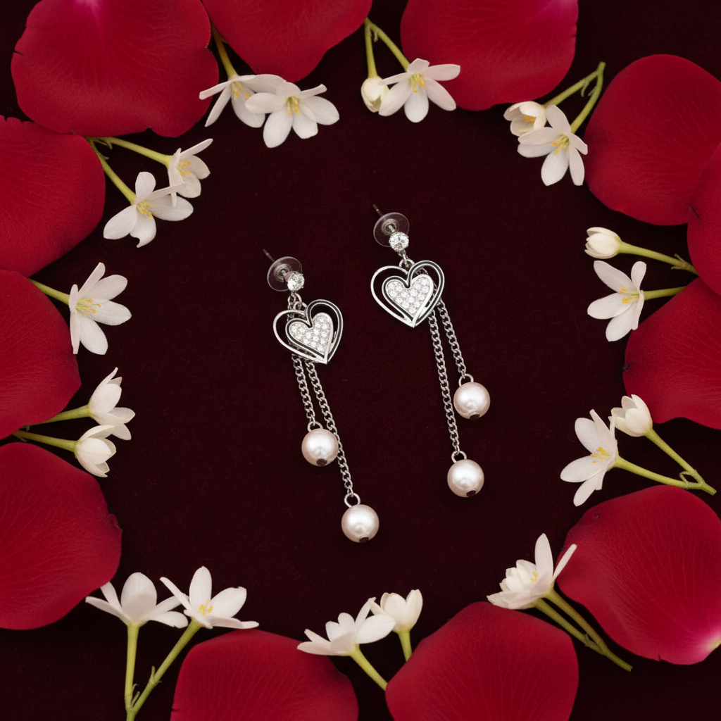 Romantic flat-lay of silver heart earrings with rose petals