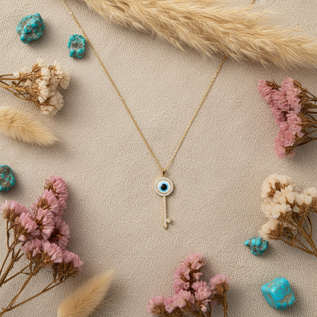 Boho Flatlay - Evil Eye Key Necklace Gold Plated Blue Stone