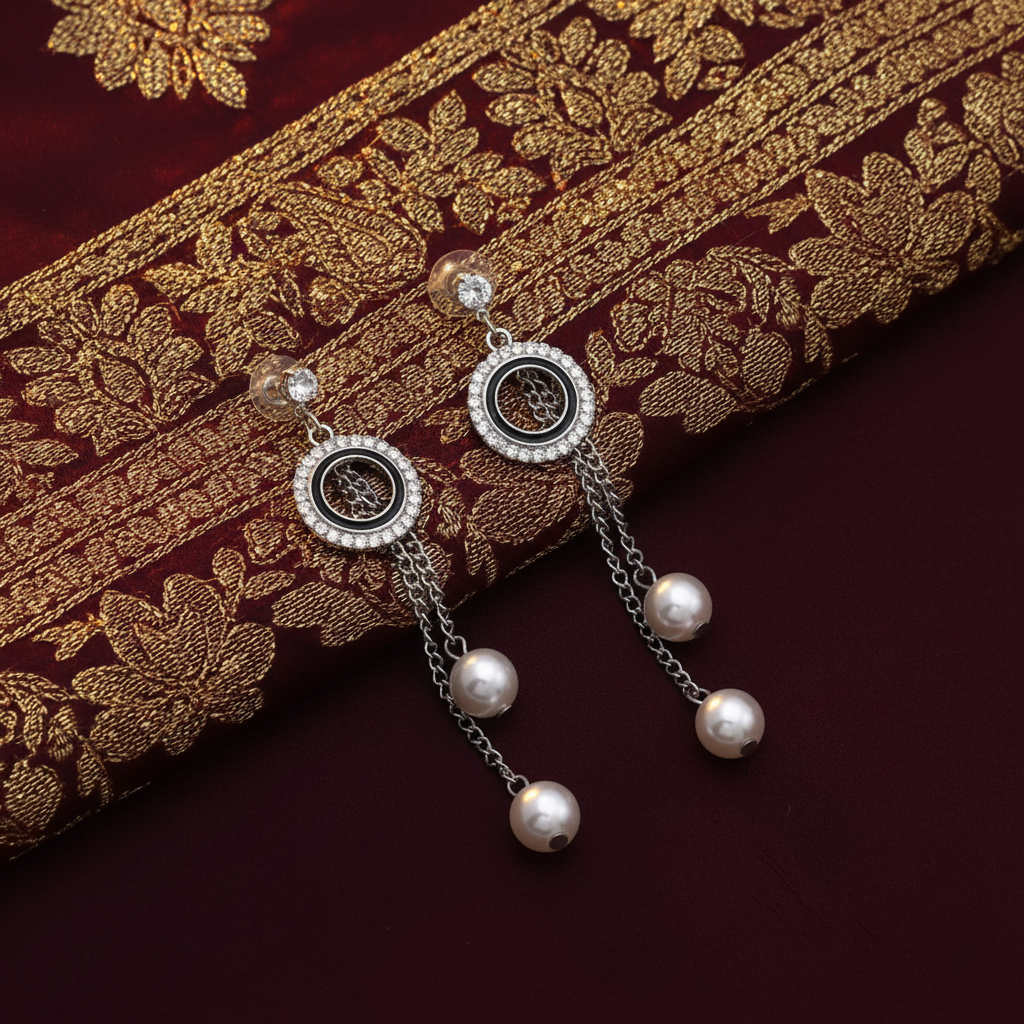 Indian Festive Party - Stylish Silver Color Anti Tarnish Earrings With Modern Look For Office Or Party