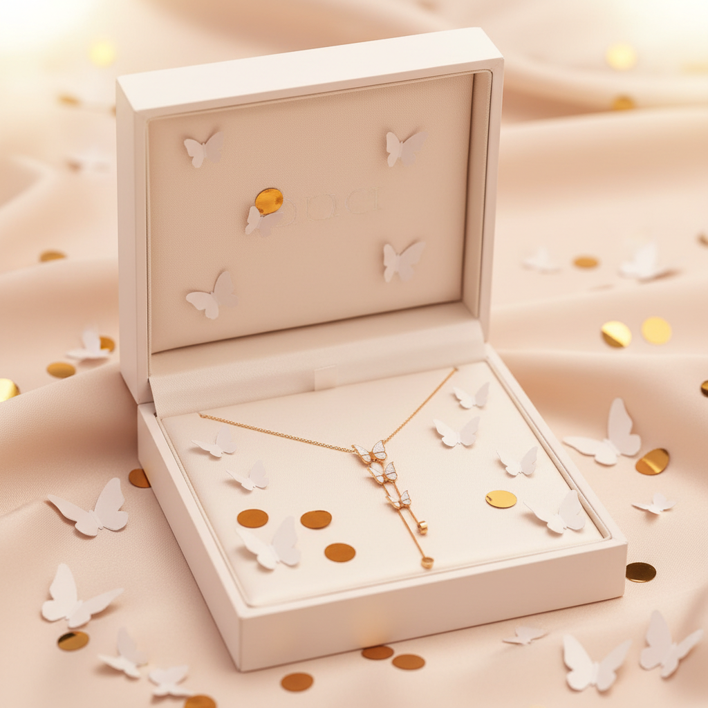Gift Box - White Butterfly Lariat Necklace Gold Plated