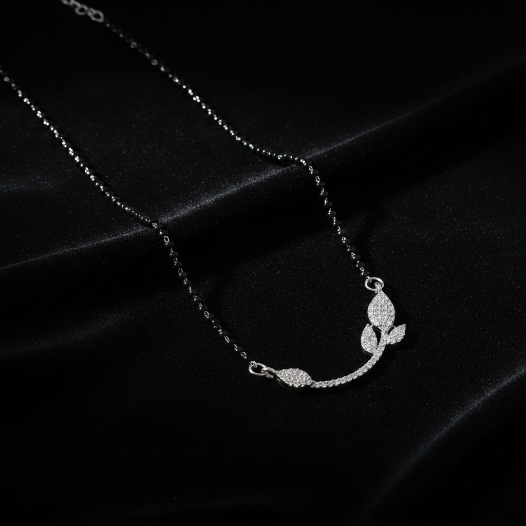 Dark Moody - Silver Color American Diamond Mangalsutra With Modern Twin Heart Style