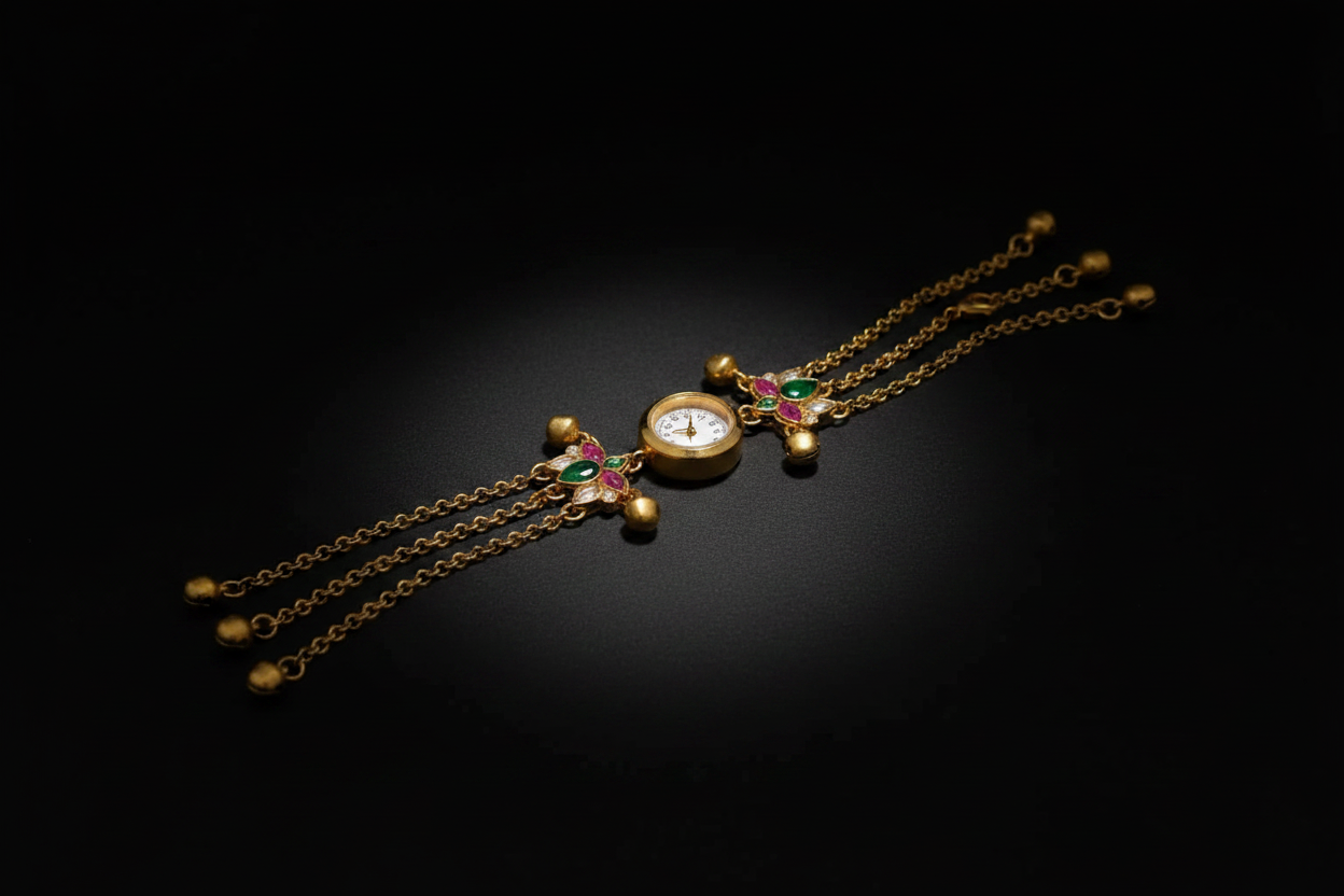 Gold Kundan Bracelet Watch - Dark