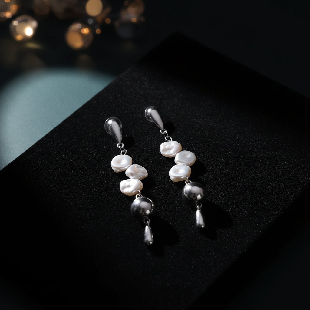 Silver Baroque Pearl Drop Earrings on black velvet moody editorial