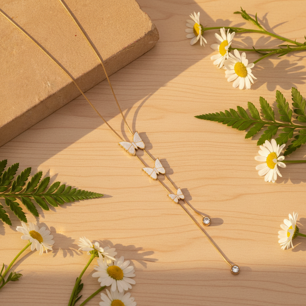 Instagram Diagonal - White Butterfly Lariat Necklace Gold Plated