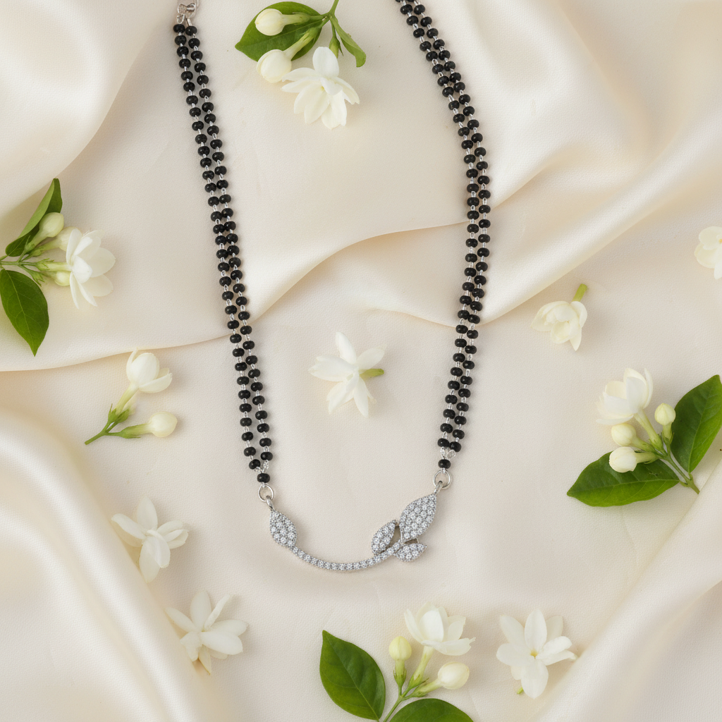 Romantic Flatlay - Silver Color American Diamond Mangalsutra With Modern Twin Heart Style