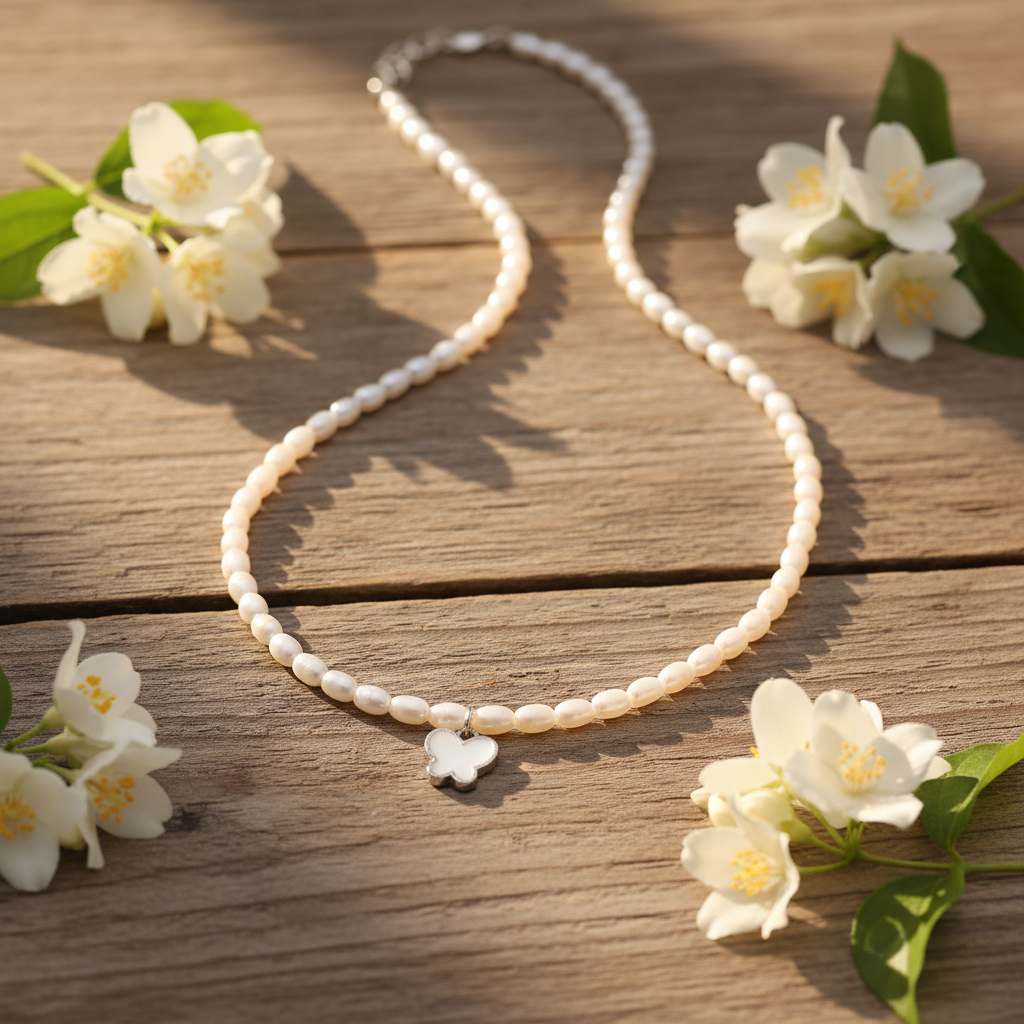 Pearl Butterfly Necklace on rustic wood with jasmine flowers