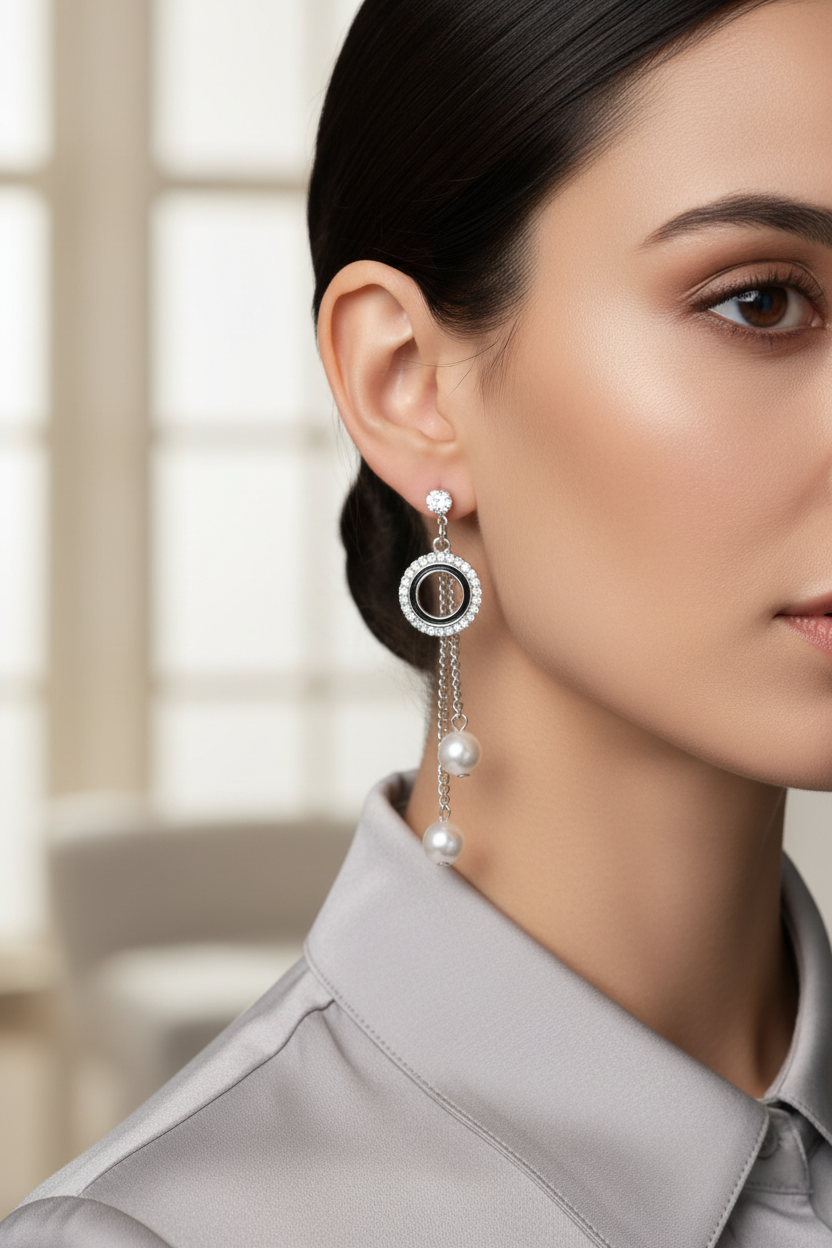 Lifestyle On-Model - Stylish Silver Color Anti Tarnish Earrings With Modern Look For Office Or Party