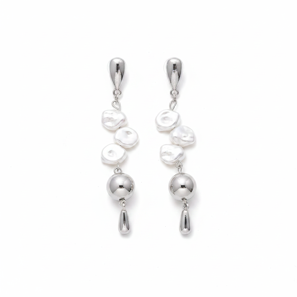 Silver Baroque Pearl Drop Earrings on white studio background