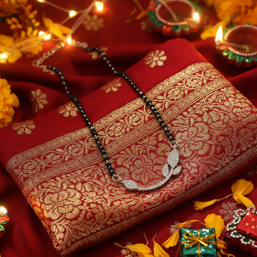 Indian Festive Bridal - Silver Color American Diamond Mangalsutra With Modern Twin Heart Style