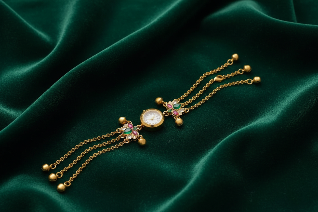 Gold Kundan Bracelet Watch - Emerald Green