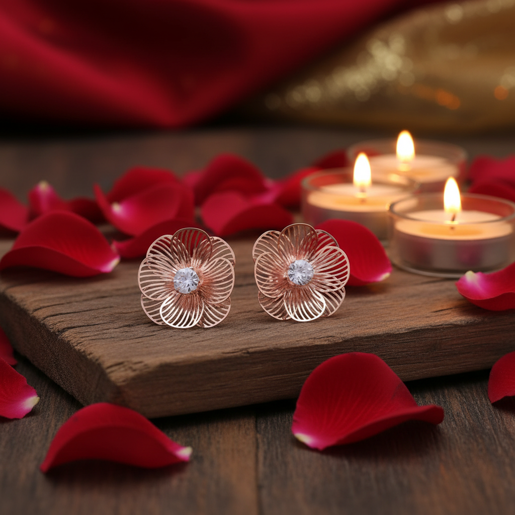 Rose Gold Flower Stud Earrings on rustic wood with rose petals