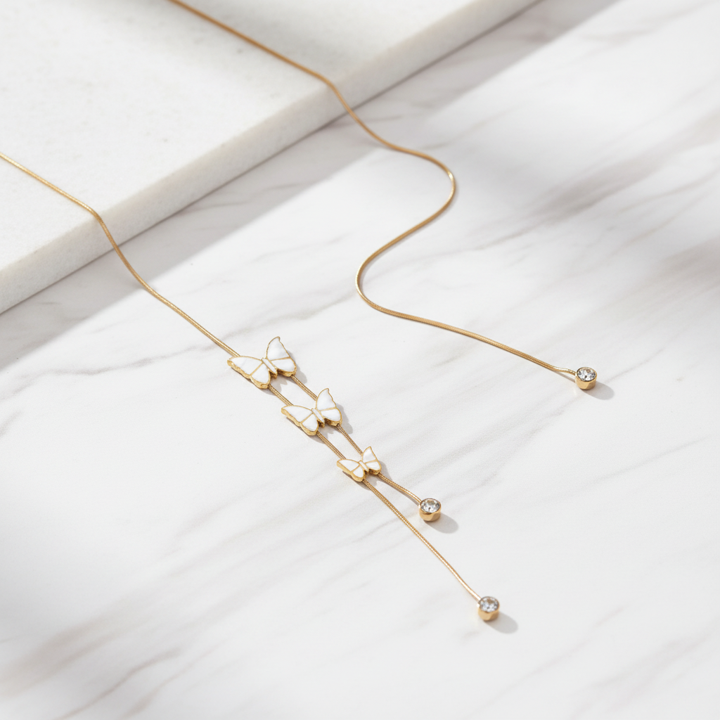 Marble Minimalist - White Butterfly Lariat Necklace Gold Plated