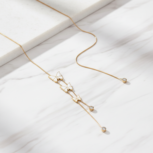 Marble Minimalist - White Butterfly Lariat Necklace Gold Plated