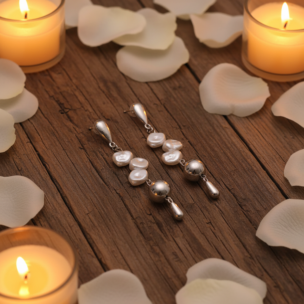 Silver Baroque Pearl Drop Earrings on rustic wood with rose petals