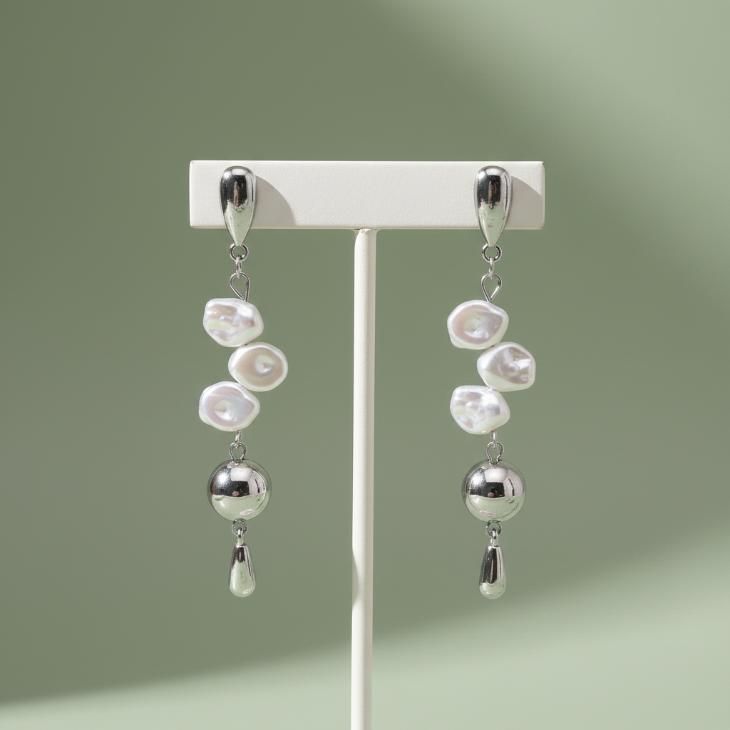 Silver Baroque Pearl Drop Earrings on ceramic stand sage green background