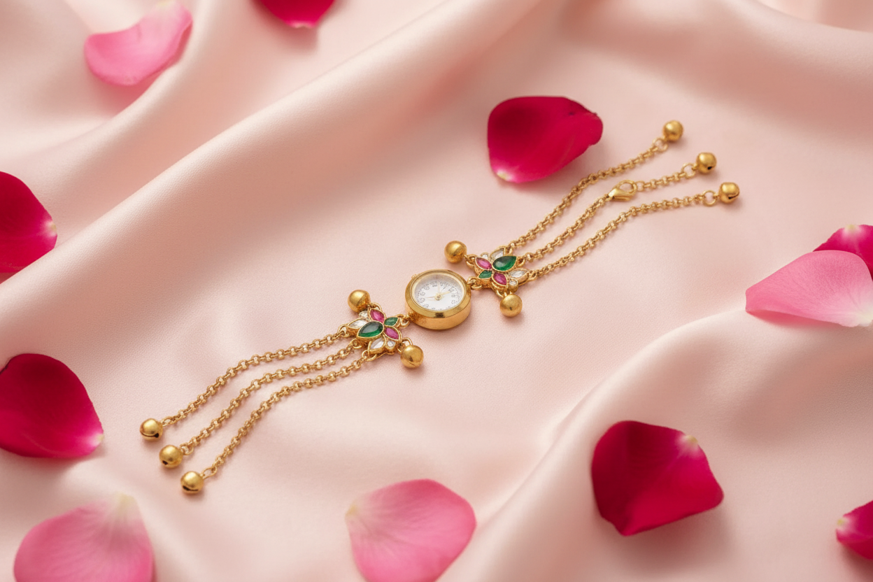 Gold Kundan Bracelet Watch - Rose Petals