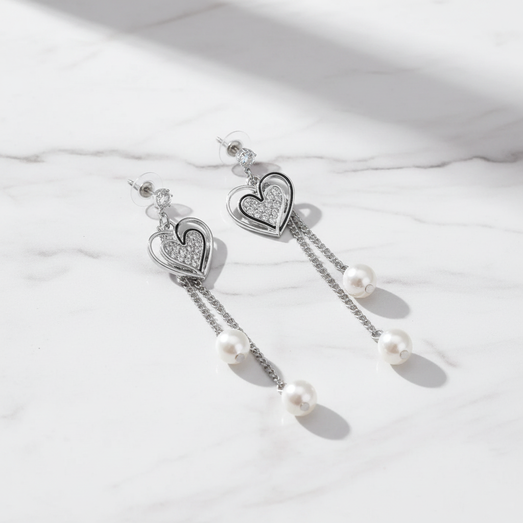 Silver heart pearl drop earrings on marble surface