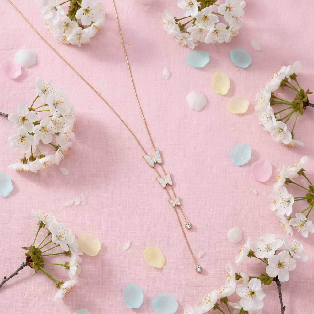 Romantic Garden Flatlay - White Butterfly Lariat Necklace Gold Plated