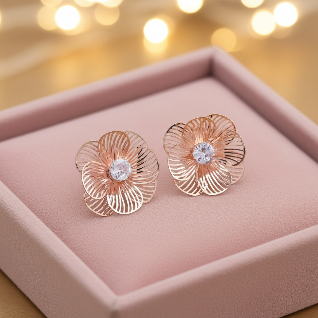 Rose Gold Flower Stud Earrings on blush pink velvet tray