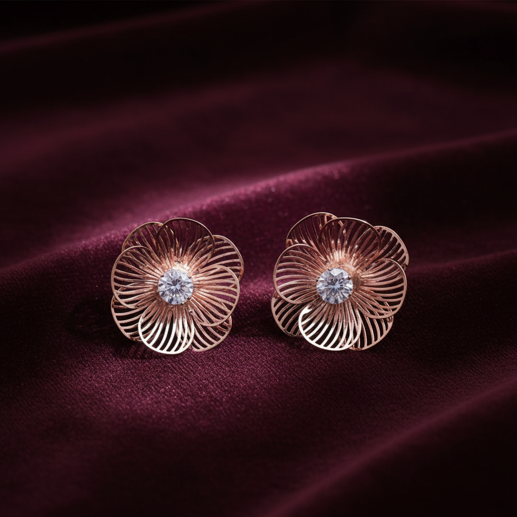 Rose Gold Flower Stud Earrings on burgundy velvet moody editorial