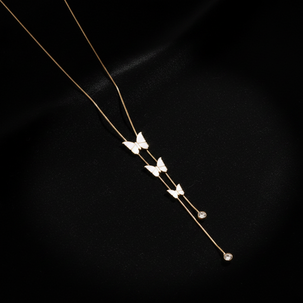 Dark Moody - White Butterfly Lariat Necklace Gold Plated