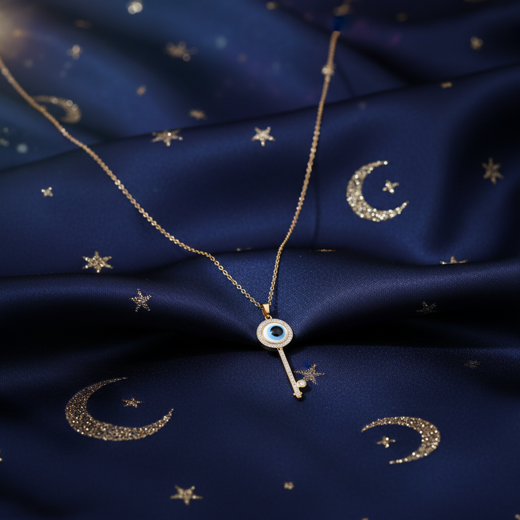 Mystical Spiritual - Evil Eye Key Necklace Gold Plated Blue Stone